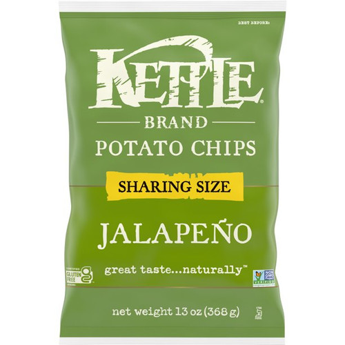 A 13 ounce bag of Kettle Jalapeno Potato Chips