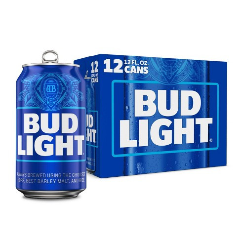 A can and 12 pack of Bud Light Beers