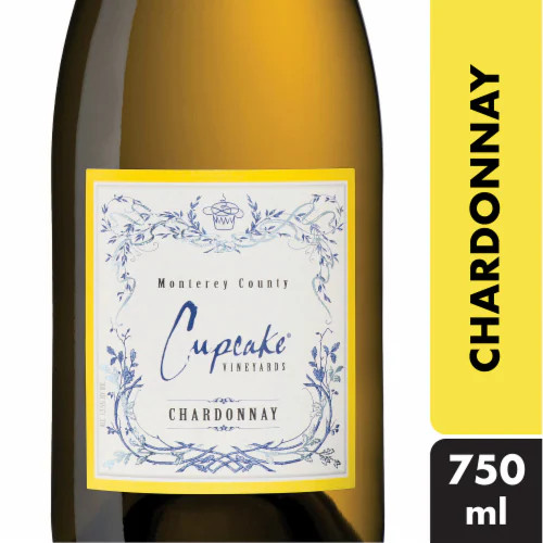 A 750 ml bottle of Cupcake Vineyards Chardonnay California White Wine, with rich notes of apple, vanilla, and oak.