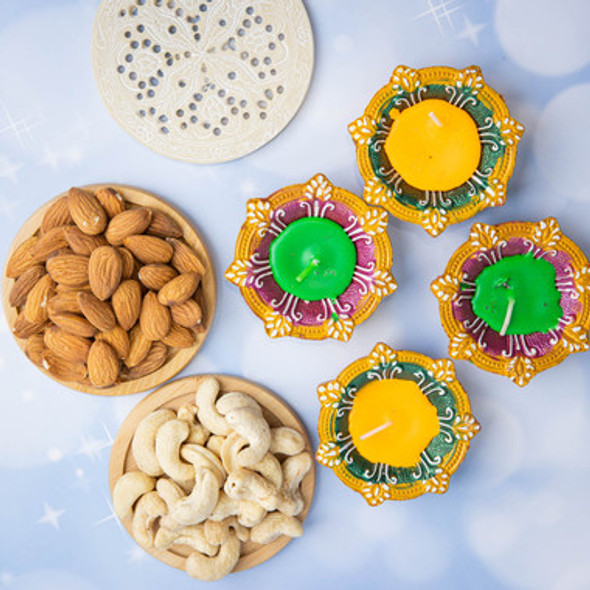 Set of Colorful Diyas with Dry Fruits