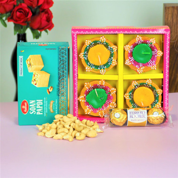 Decorated Diya Set with Chocolates, Sweet & Nut