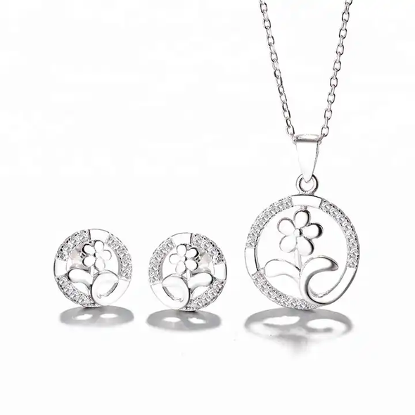 925 Sterling Silver Round Shape with Flower Jewelry Set