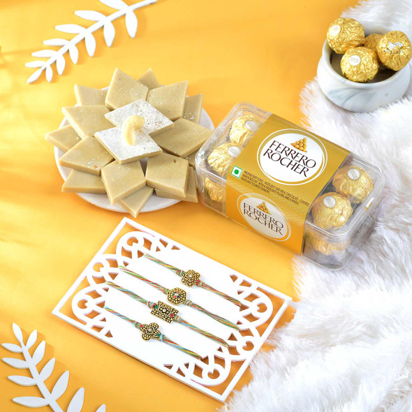 Set of 4 Rakhi With Kaju Katli & Ferrero Rocher