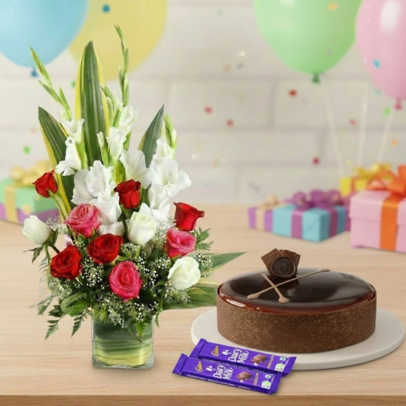 Flower Arrangement With Caramel Glaze Mud Cake & Chocolates