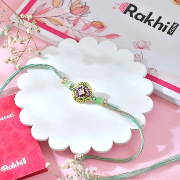 Handcrafted Meenakari Rakhi with Kaju Katli