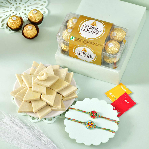 Two Rakhi Set With Kaju Katli & Rocher