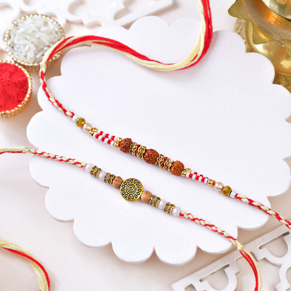 Sacred Rudraksha Rakhi Set with Kaju Katli