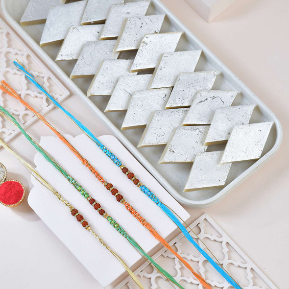 Set of 4 Colorful Rudraksha Rakhi with Kaju katli