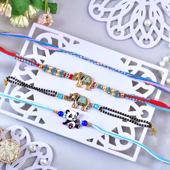 Blue Elephant & Panda Rakhi Set – Pack of 4 Designer Rakhis