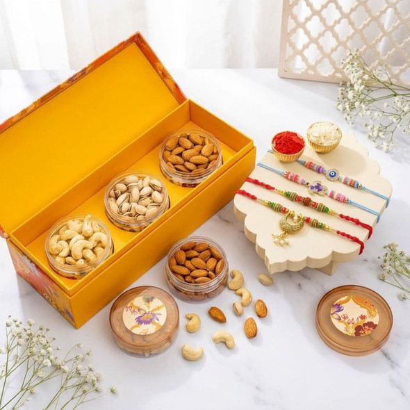 Set of 4 Rakhi with Premium Dry Fruits Box