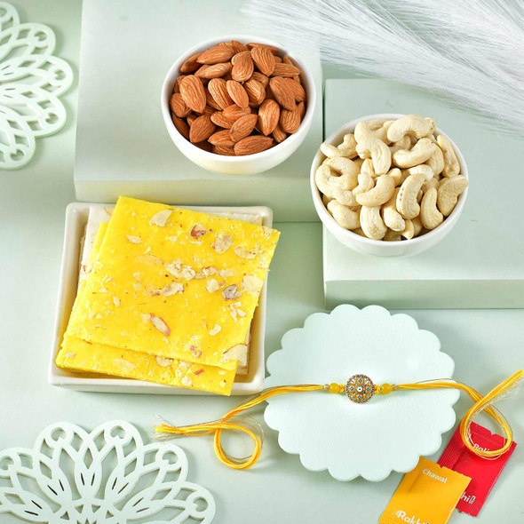 Beautiful Rakhi with Bombay Halwa and DryFruits Combo