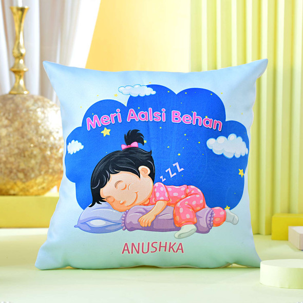 "Meri Aalsi Behan" Personalized Cushion & Mug with Ferrero Rocher