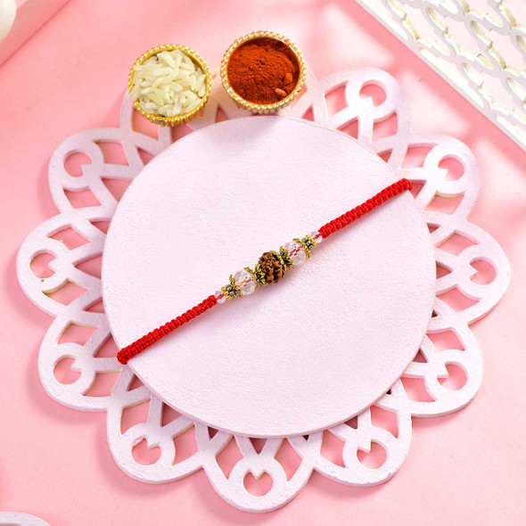 Premium Rudraksha & Clear Crystal Rakhi With Pistachio