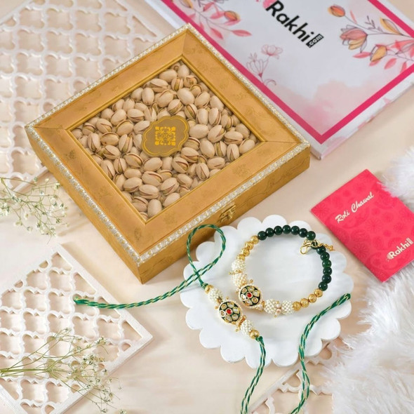 Royal Green Beaded Rakhi with Premium Pista Gift Box
