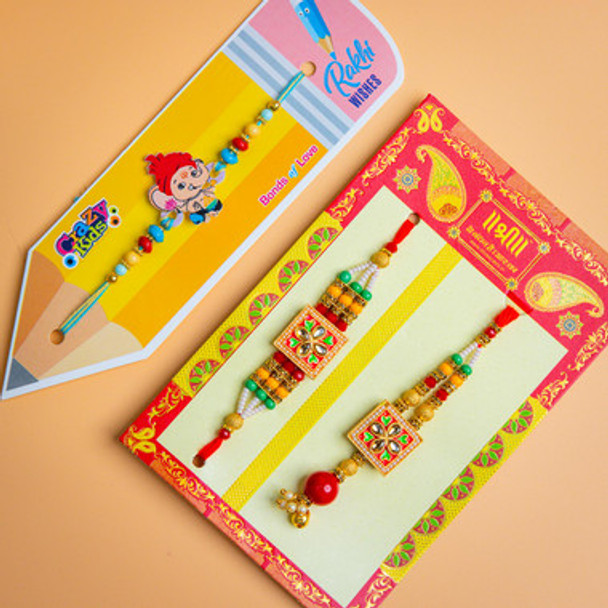 Kid's Ganesha And Traditional Bhaiya Bhabhi Rakhi Set