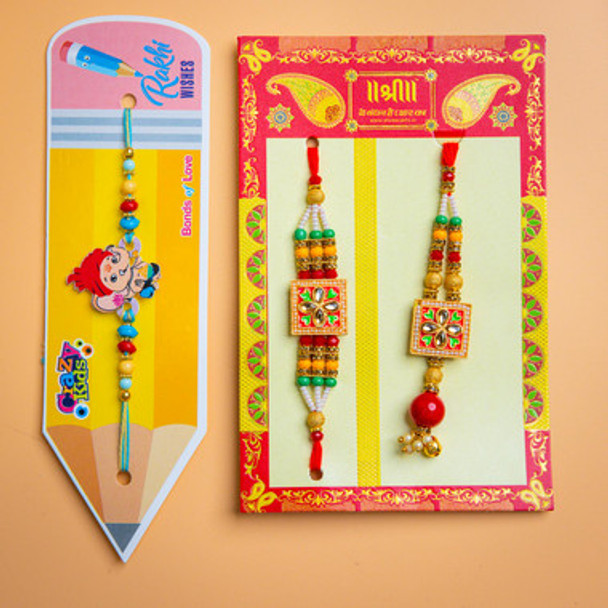 Kid's Ganesha And Traditional Bhaiya Bhabhi Rakhi Set