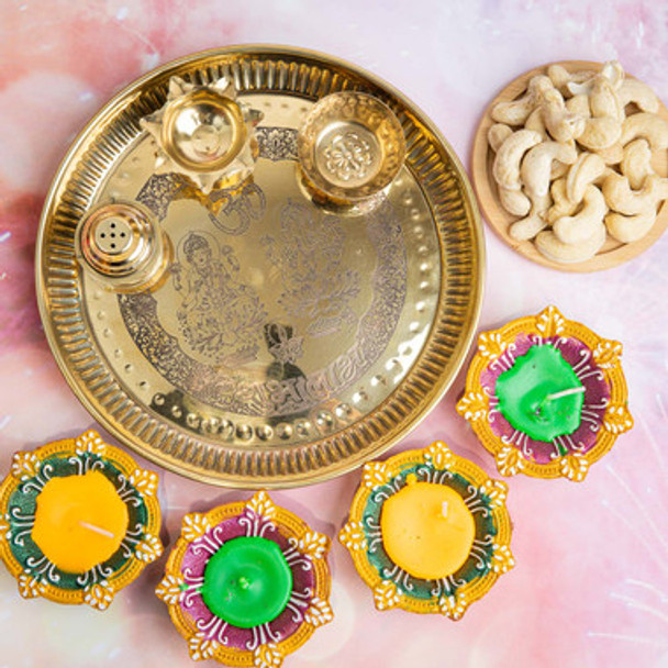 Pooja Thali with Cashews and Colorful Diya Set