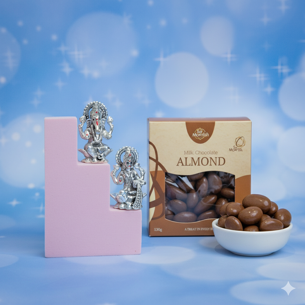 Silver Laxmi & Ganesha with Chocolates Coated Almonds Silver Laxmi & Ganesha with Chocolates Coated Almonds