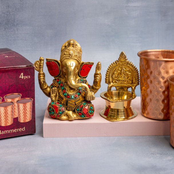 Ganesha Idol with Laxmi Diya & Glass Set