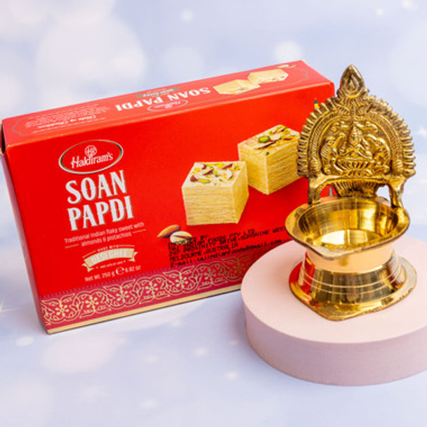 Brass Laxmi Diya with Soan Papdi