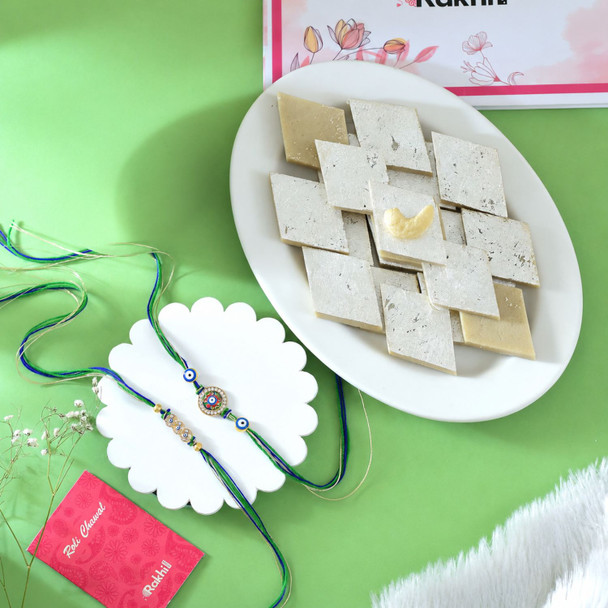Set of 2 Vibrant Bhai Rakhi With Kaju Katli