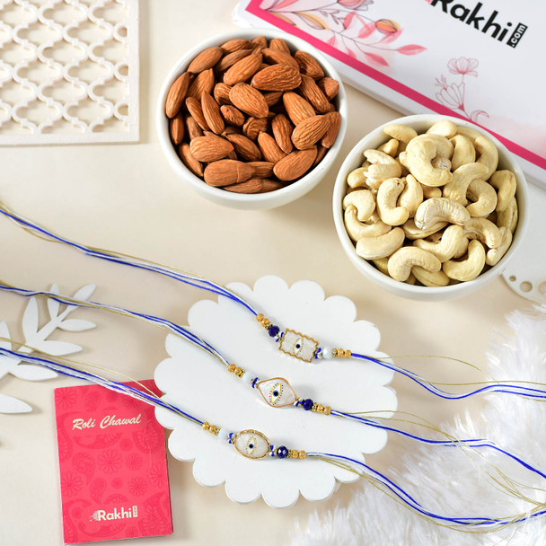 Set of 3 Evil Eye Rakhi With Assorted Dryfruit Nuts