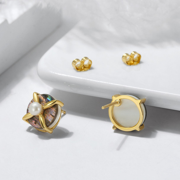 14K Gold-Plated Pearl and Abalone Earrings