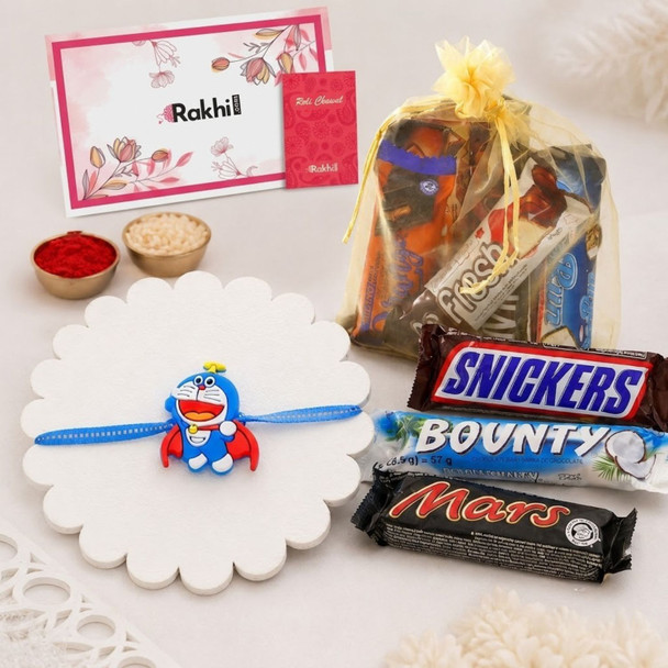 Superhero Doraemon Rakhi with Assorted Chocolate Gift Pack