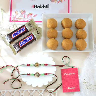 Set of 2 Rakhi With Besan Laddoo & Snickers Chocolate