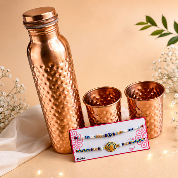 Copper Glass set with Two Rakhi Set
