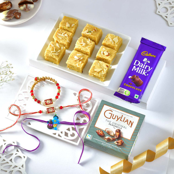 Divine Trio Rakhi Set with Chocolates & Soan Papdi