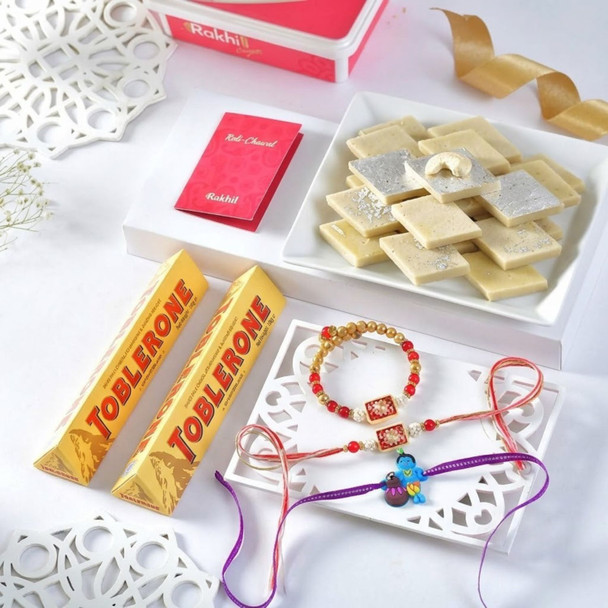 Divine Trio Rakhi Set with Chocolates & Kaju Katli