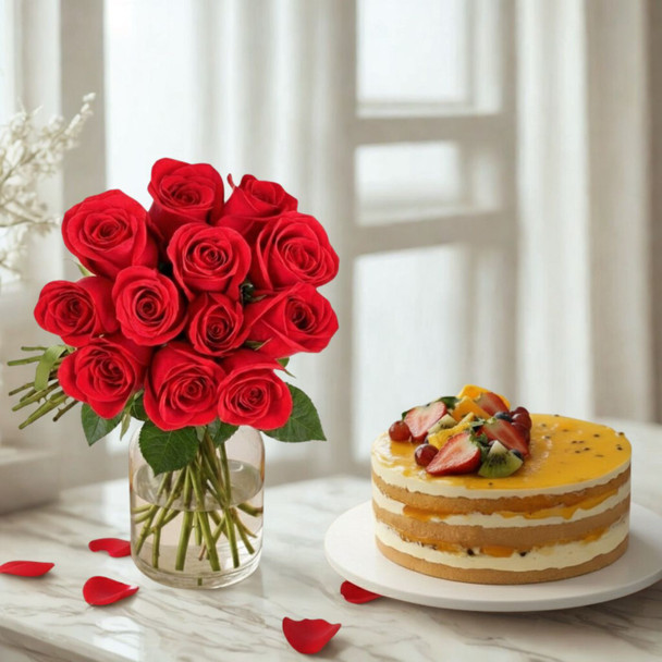 Red Roses Bouquet With Tropical Torte Cake