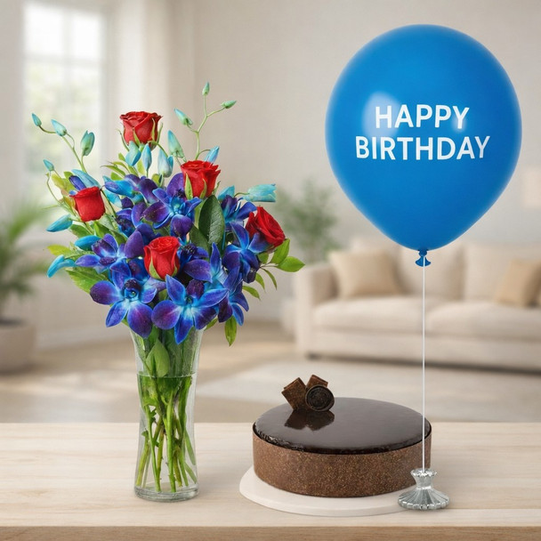 Red Roses Arrangement With Belgian Choc Mud Cake & Balloon