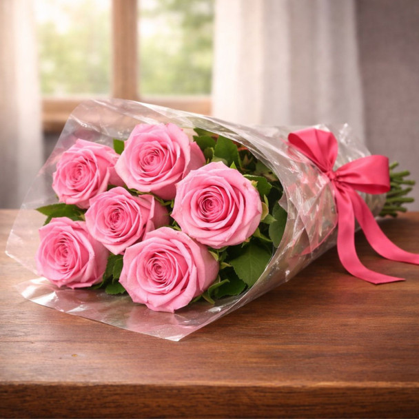 Six Pink Roses Bouquet With Green Fillers