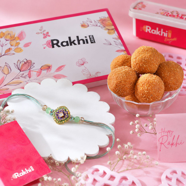 Handcrafted Meenakari Rakhi with Besan Laddoo