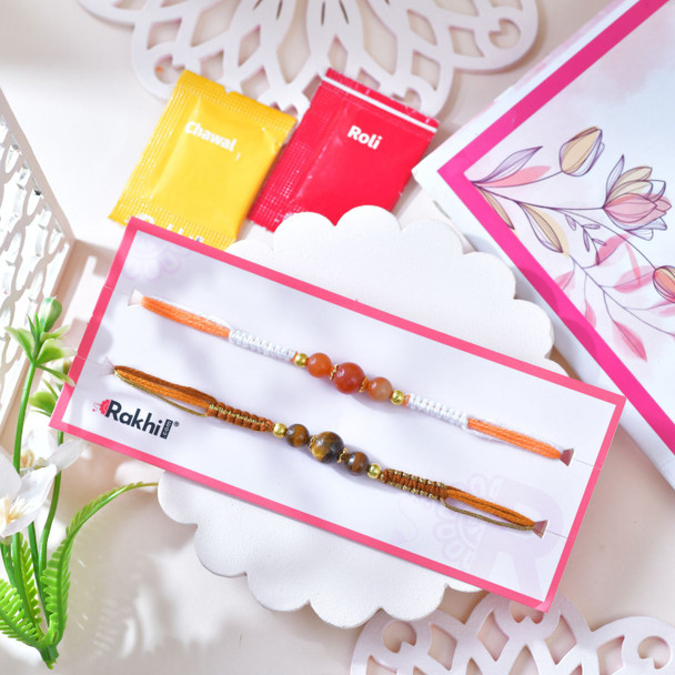 Elegant Set of 2 Beaded Rakhi with Tiger’s Eye and Peach Beads