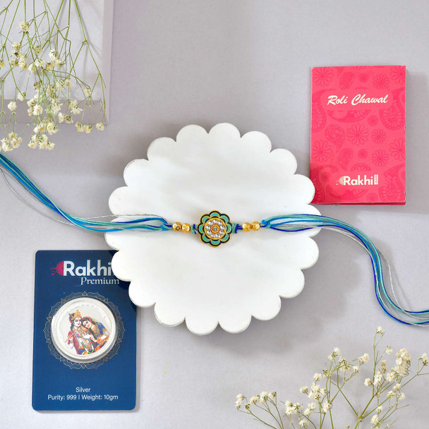 Floral Rakhi with Radha Krishna 10gm Silver Coin