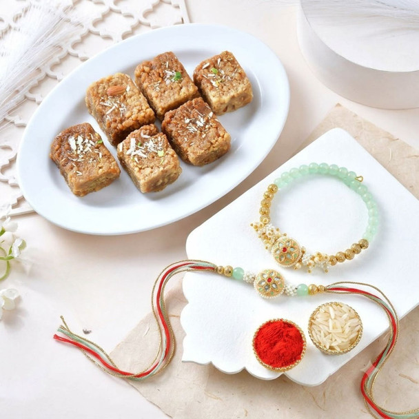 Exquisite Bhaiya Bhabhi Meenakari Rakhi Set with Milk Cake