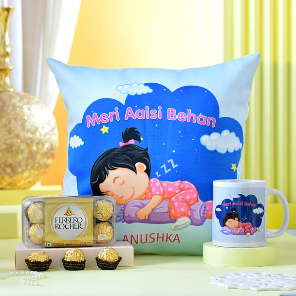 "Meri Aalsi Behan" Personalized Cushion & Mug with Ferrero Rocher