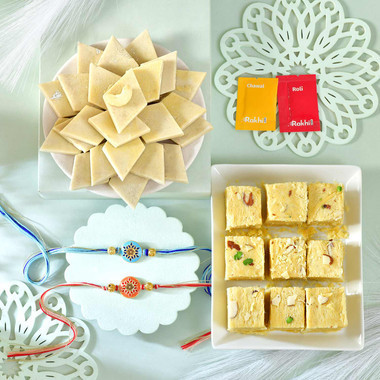 Two Rakhi with Soan Papdi and Kaju Katli Sweet