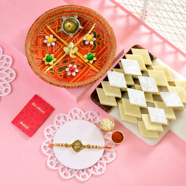 Ganesha Rakhi With Pooja Thali & Kaju Katli
