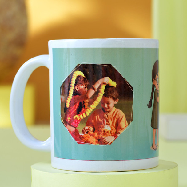 Personalized Photo Mug with Panda Kids Rakhi & Silk Chocolates