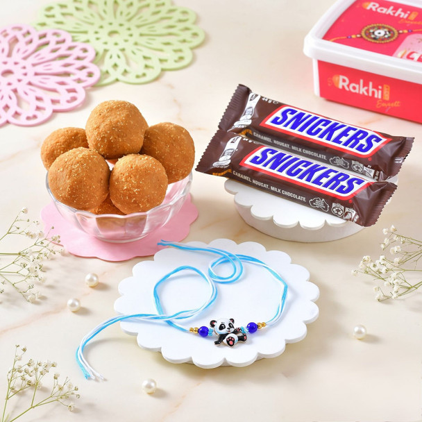 Kids Panda Rakhi With Snickers Chocolates & Besan Laddoo