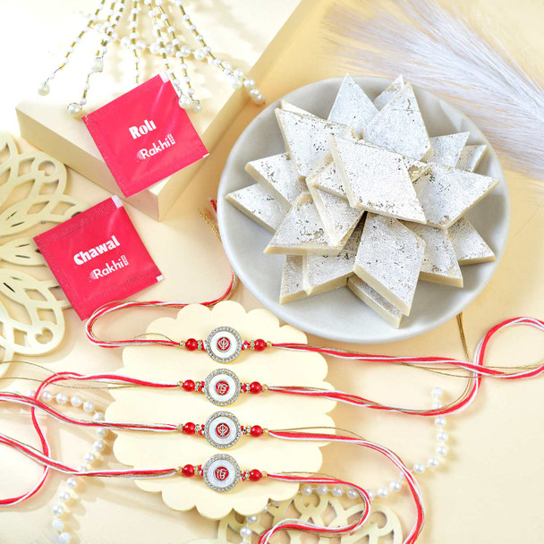 Divine Ik Onkar & Khanda Family Rakhi Set of 4 with Kaju katli