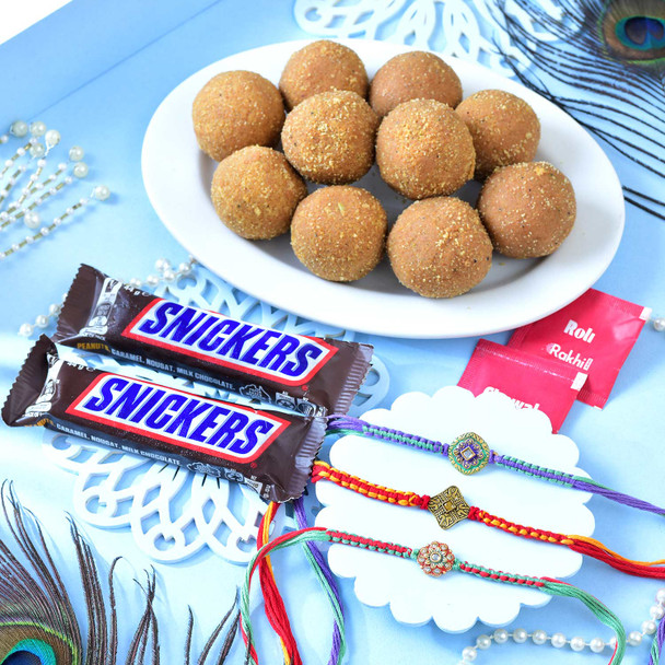 Designer Rakhi Set with Besan Laddoo & Snickers
