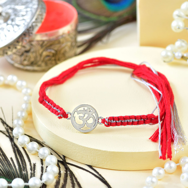 Pure Silver Om Rakhi with Kaju Katli & Lindt Chocolates
