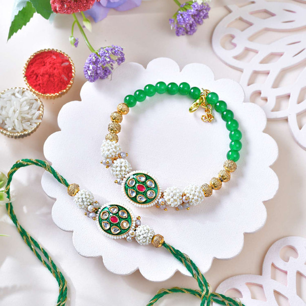 Royal Green Beaded Rakhi with Premium Pista Gift Box