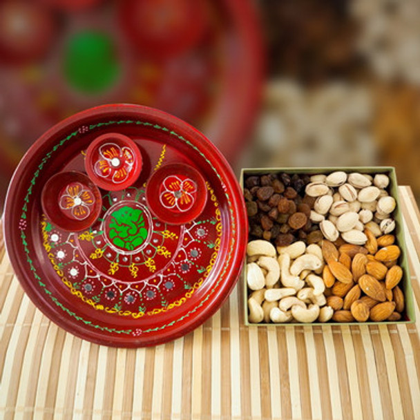 Painted Pooja Thali with Mix Dry Fruits Painted Pooja Thali with Mix Dry Fruits