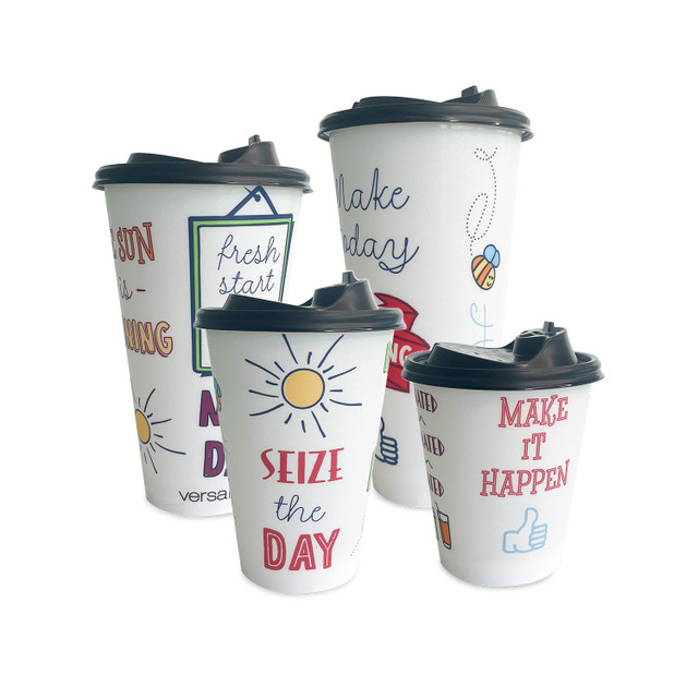 Versalite Polypropylene (PP) Good Day Design Cups WITH LIDS for Hot and Cold Drinks - Various Sizes and Quantities - FREE SHIPPING